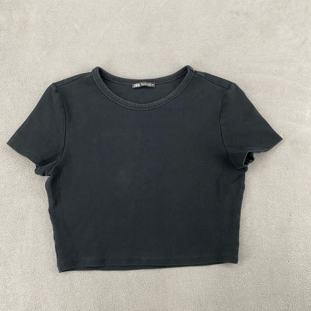 Zara Womens Black Short Sleeve Ribbed Crew Neck Crop Top Size Large 6827